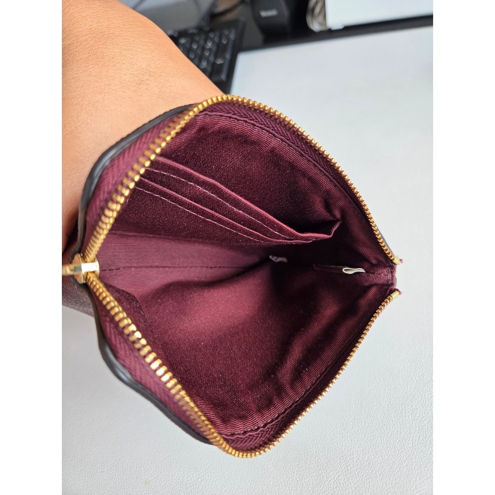 Coach Burgundy Pebbled Leather Zip Coin Pouch Wallet Card Case Oxblood Minimal - Picture 6 of 11